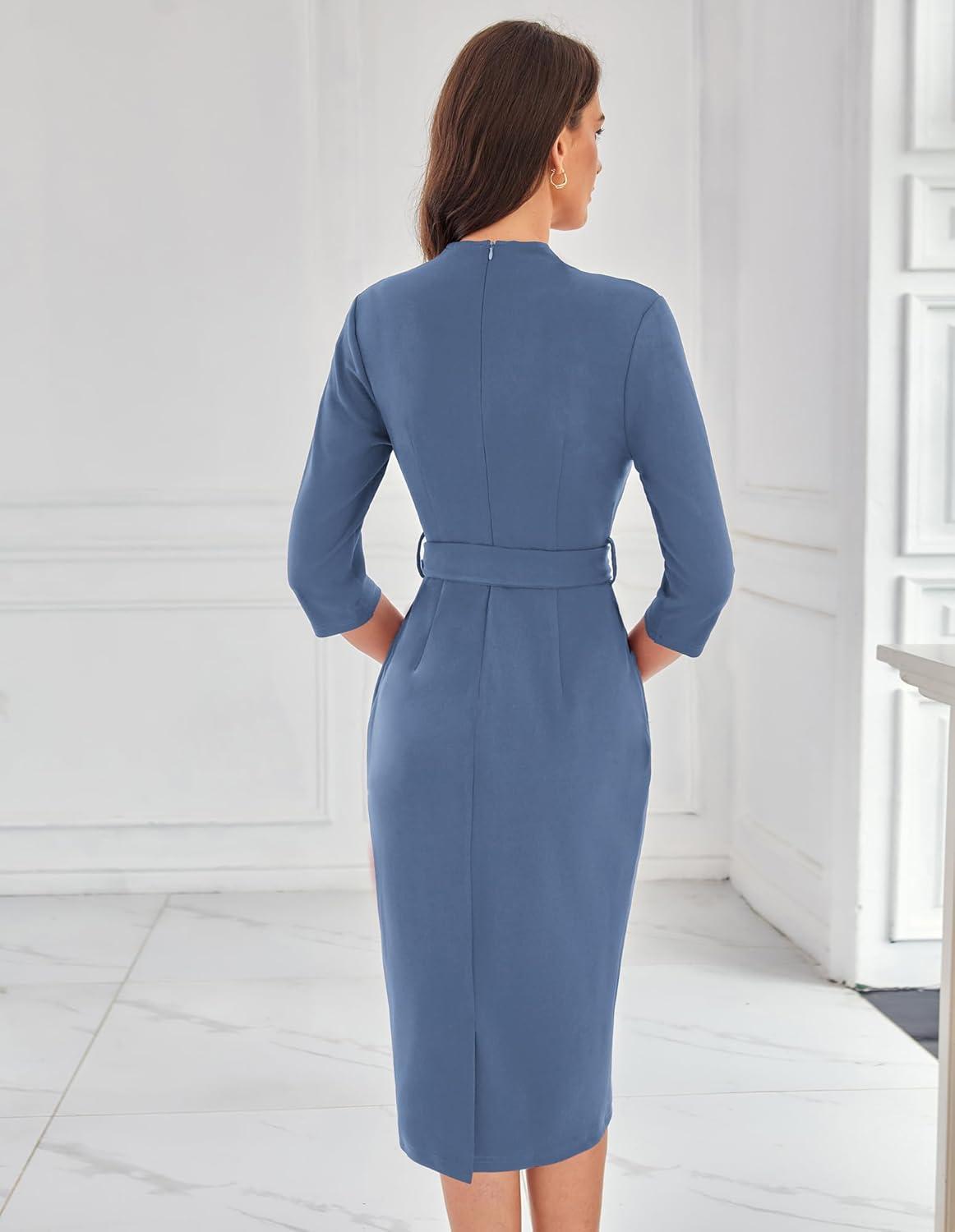 imageGRACE KARIN Womens Work Dresses V Neck 34 Sleeve Back Zipper Tie Waist Bodycon Dress Office Cocktail Dress with PocketsDusty Blue