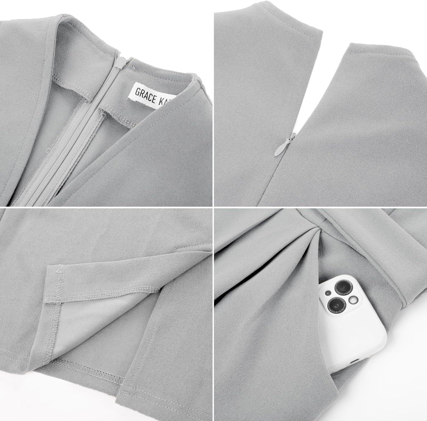 imageGRACE KARIN Womens Work Dresses V Neck 34 Sleeve Back Zipper Tie Waist Bodycon Dress Office Cocktail Dress with PocketsGray