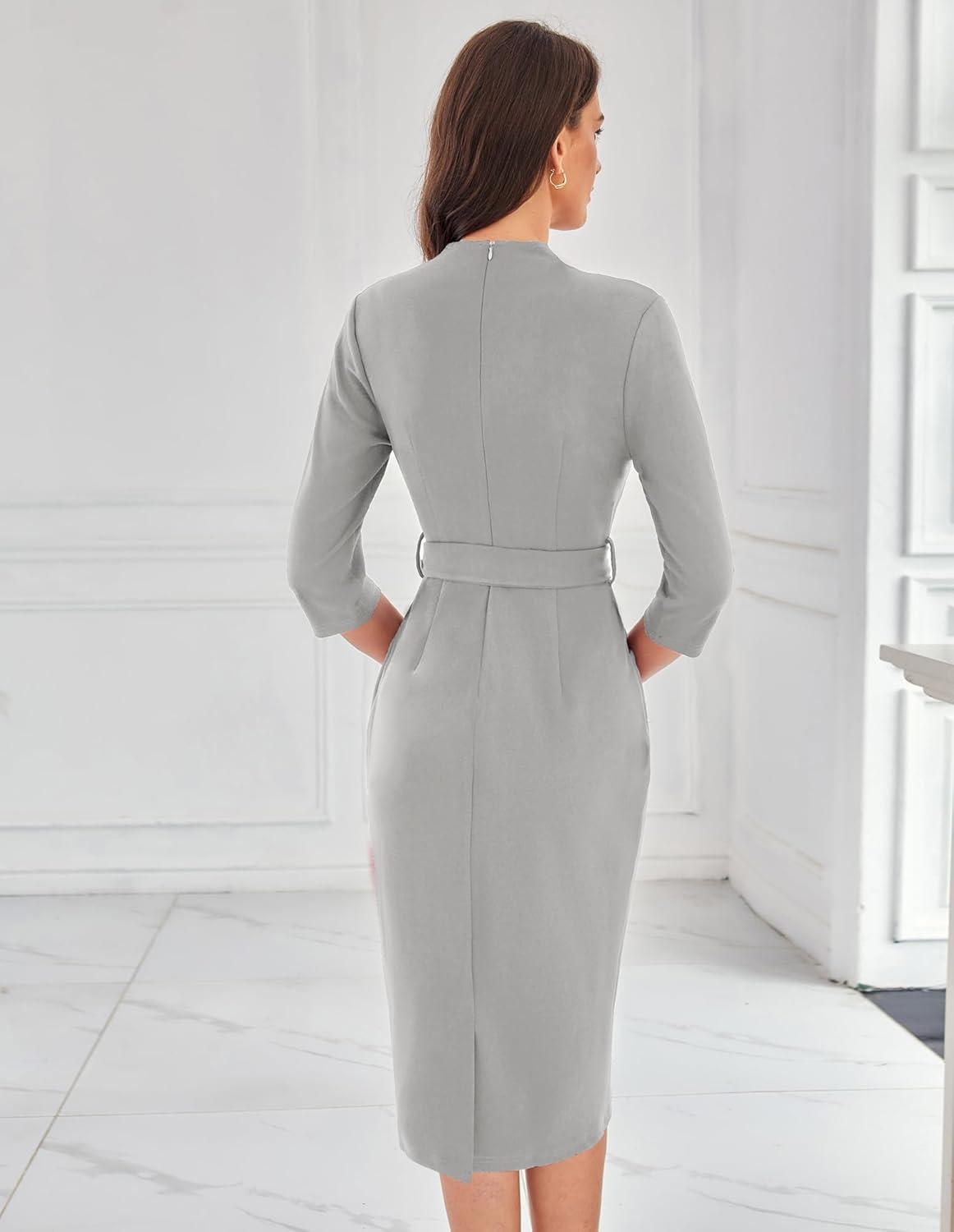 imageGRACE KARIN Womens Work Dresses V Neck 34 Sleeve Back Zipper Tie Waist Bodycon Dress Office Cocktail Dress with PocketsGray