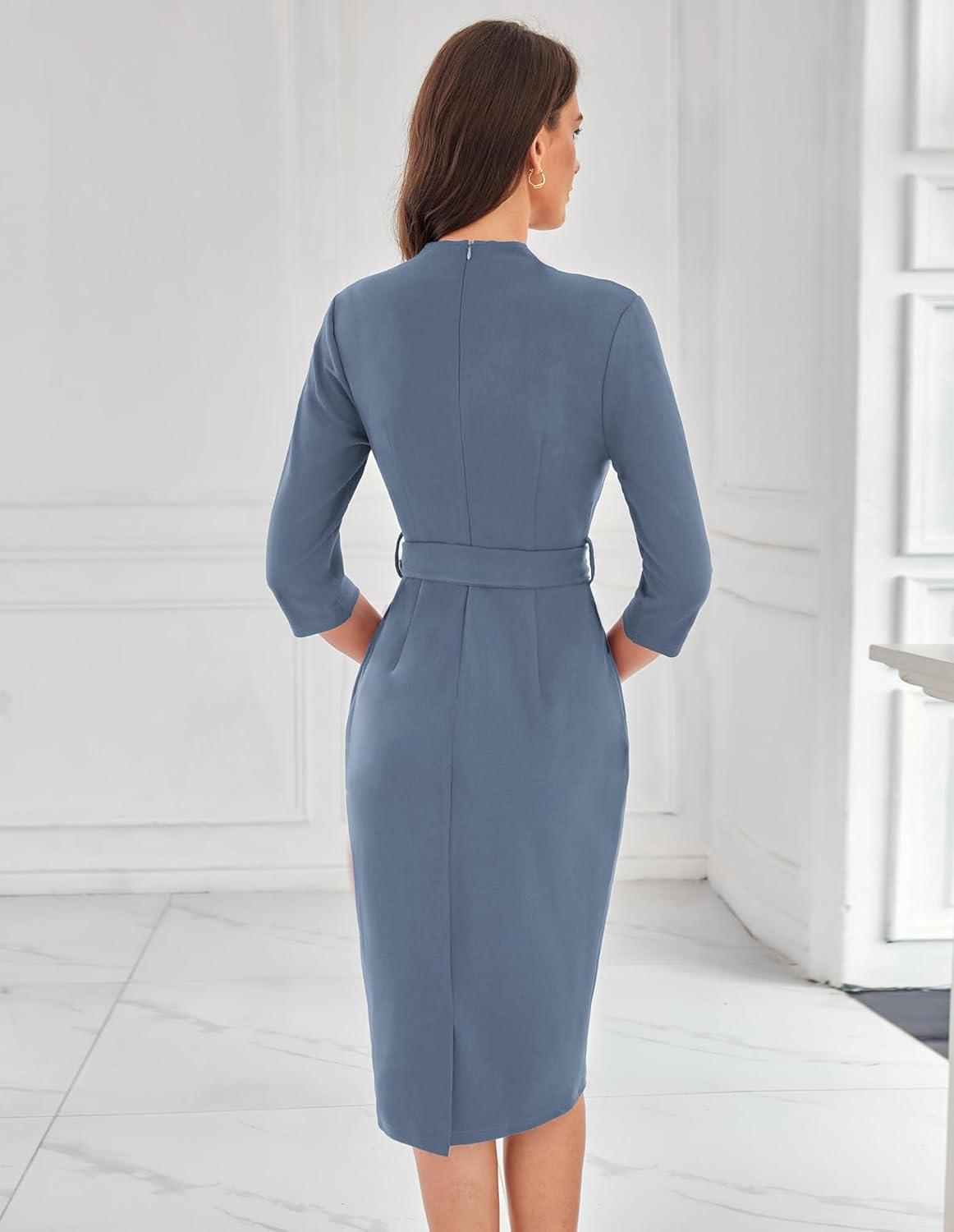 imageGRACE KARIN Womens Work Dresses V Neck 34 Sleeve Back Zipper Tie Waist Bodycon Dress Office Cocktail Dress with PocketsGray Blue