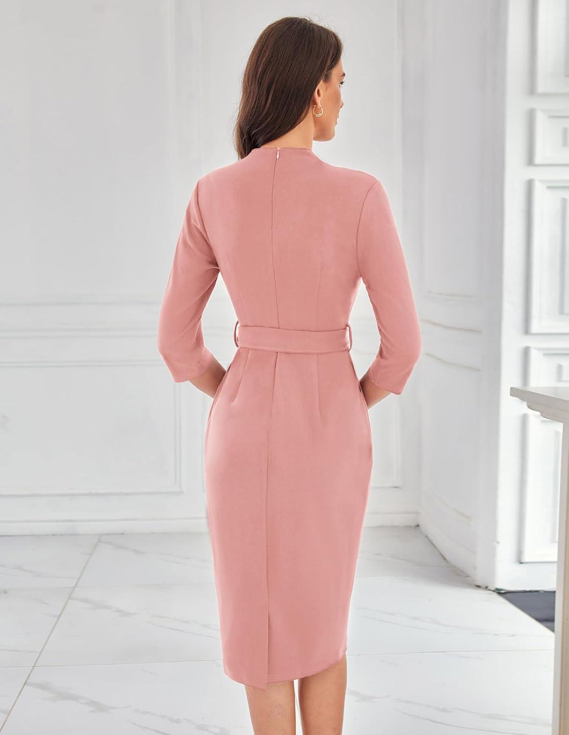 imageGRACE KARIN Womens Work Dresses V Neck 34 Sleeve Back Zipper Tie Waist Bodycon Dress Office Cocktail Dress with PocketsGray Pink
