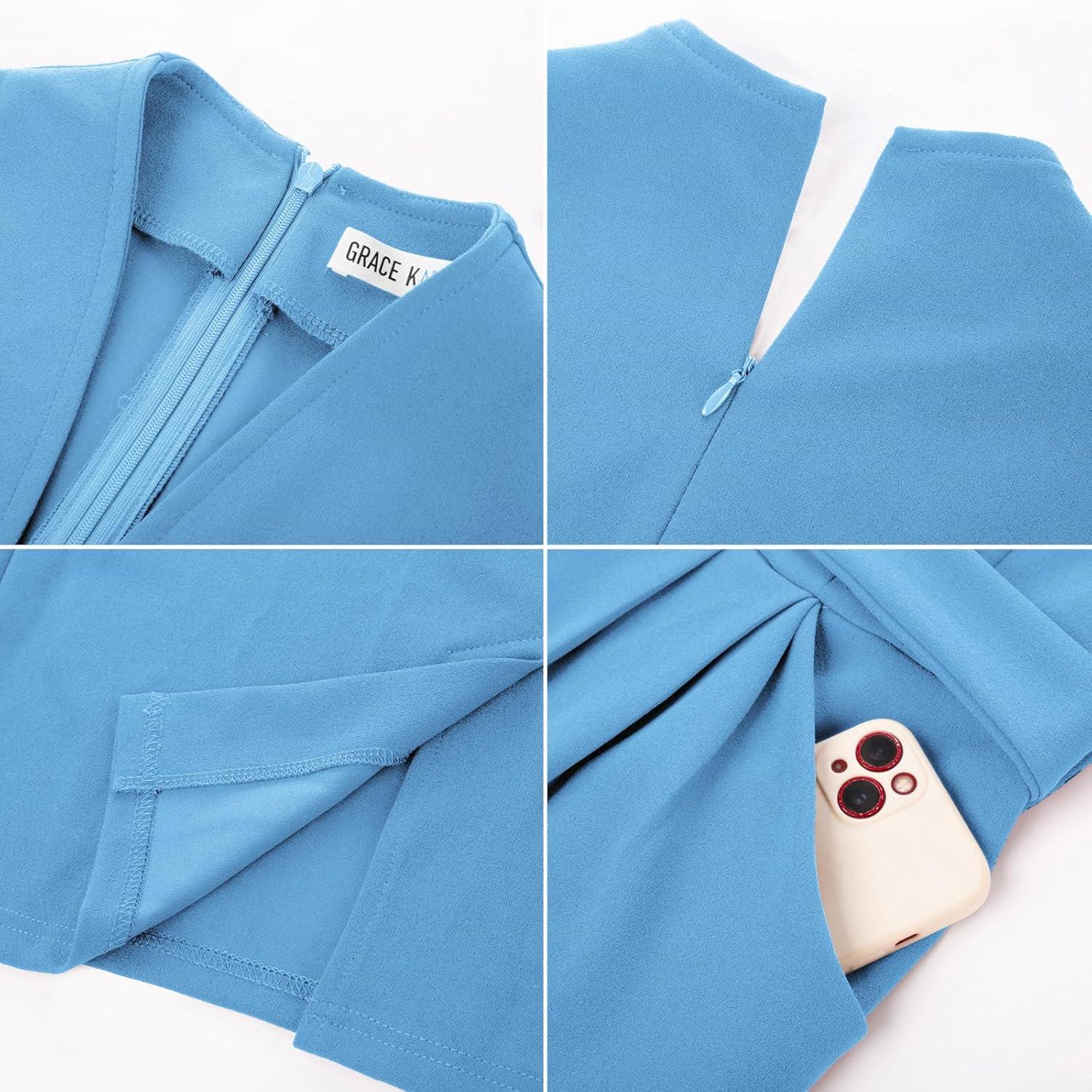imageGRACE KARIN Womens Work Dresses V Neck 34 Sleeve Back Zipper Tie Waist Bodycon Dress Office Cocktail Dress with PocketsLight Blue