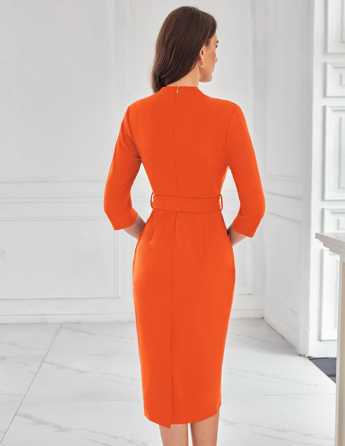 imageGRACE KARIN Womens Work Dresses V Neck 34 Sleeve Back Zipper Tie Waist Bodycon Dress Office Cocktail Dress with PocketsOrange