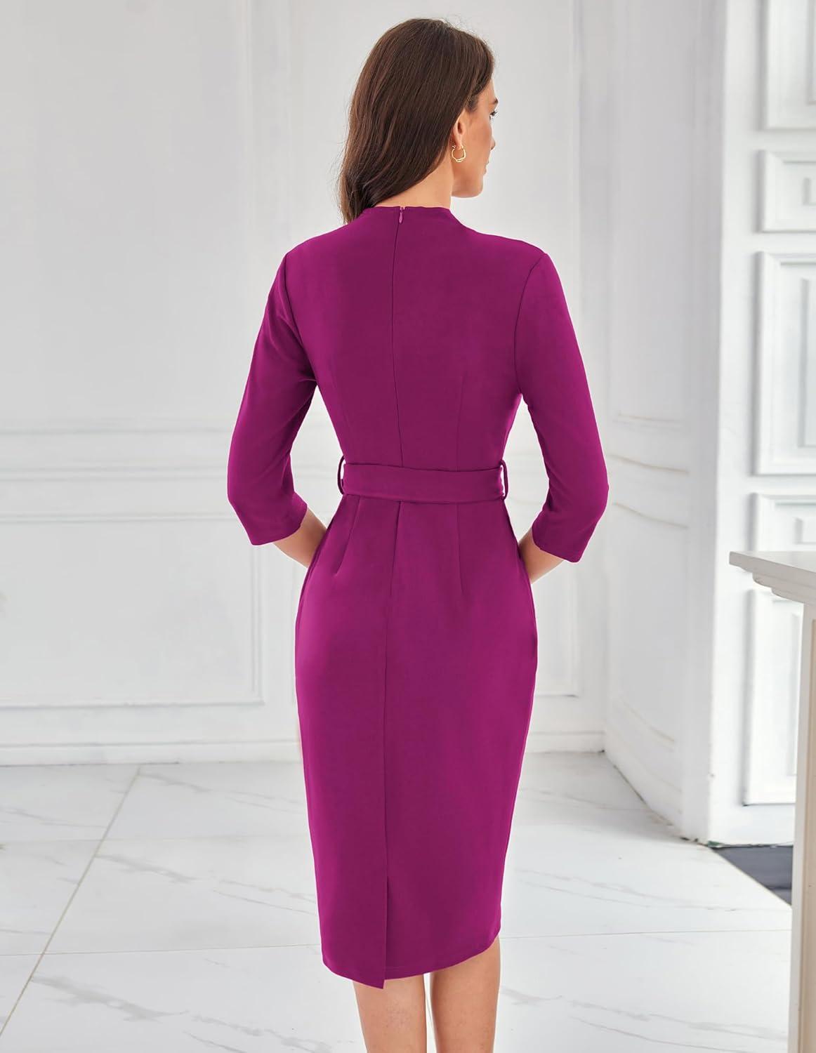 imageGRACE KARIN Womens Work Dresses V Neck 34 Sleeve Back Zipper Tie Waist Bodycon Dress Office Cocktail Dress with PocketsPink Purple