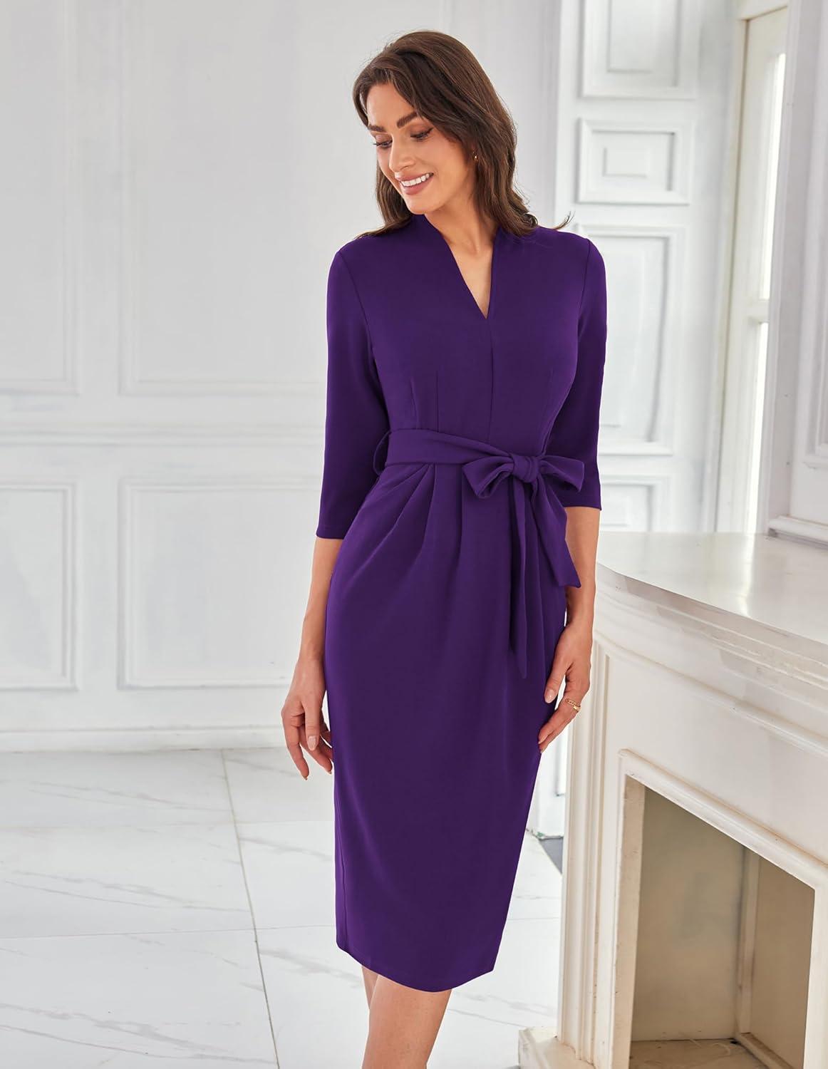 imageGRACE KARIN Womens Work Dresses V Neck 34 Sleeve Back Zipper Tie Waist Bodycon Dress Office Cocktail Dress with PocketsPurple
