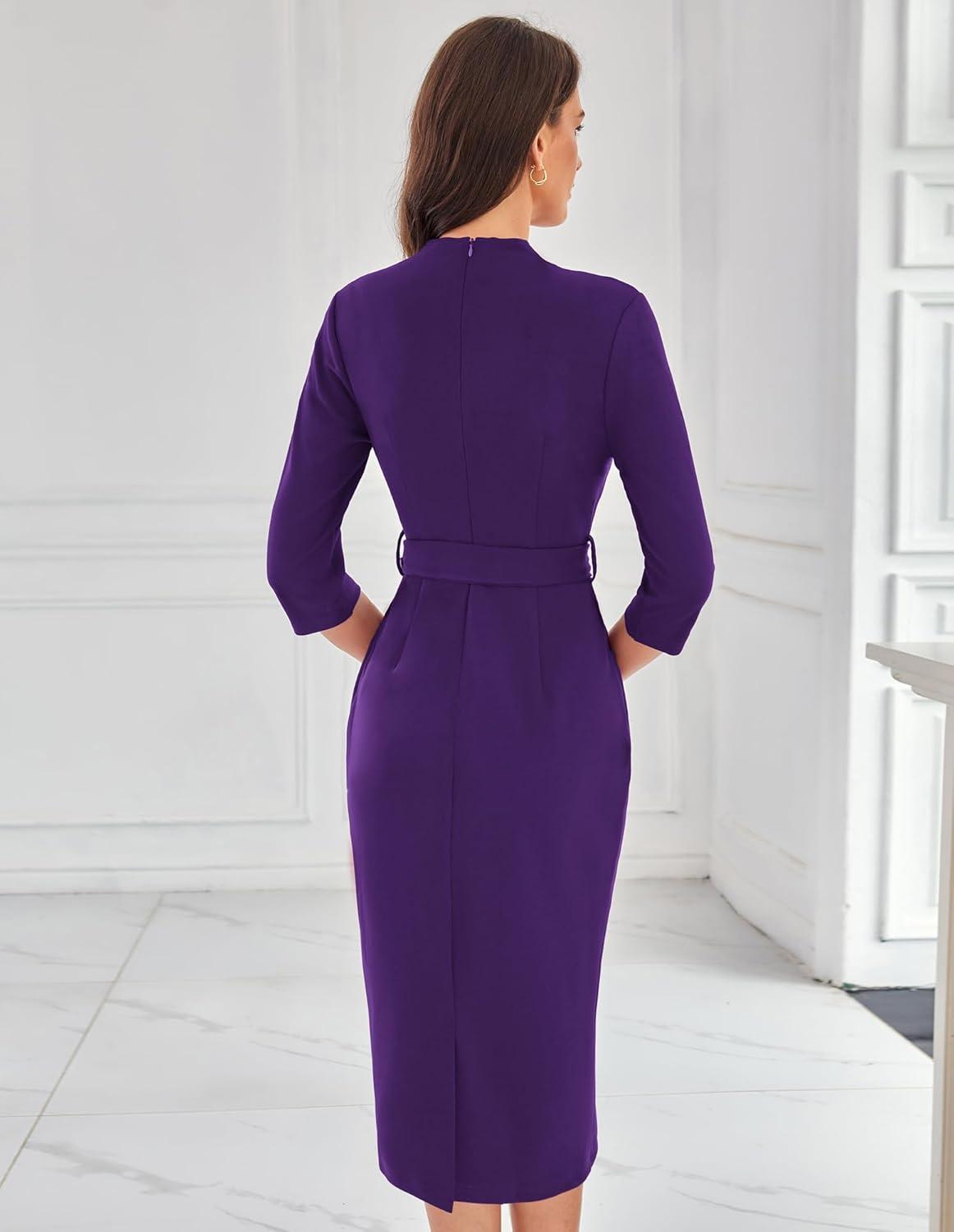 imageGRACE KARIN Womens Work Dresses V Neck 34 Sleeve Back Zipper Tie Waist Bodycon Dress Office Cocktail Dress with PocketsPurple