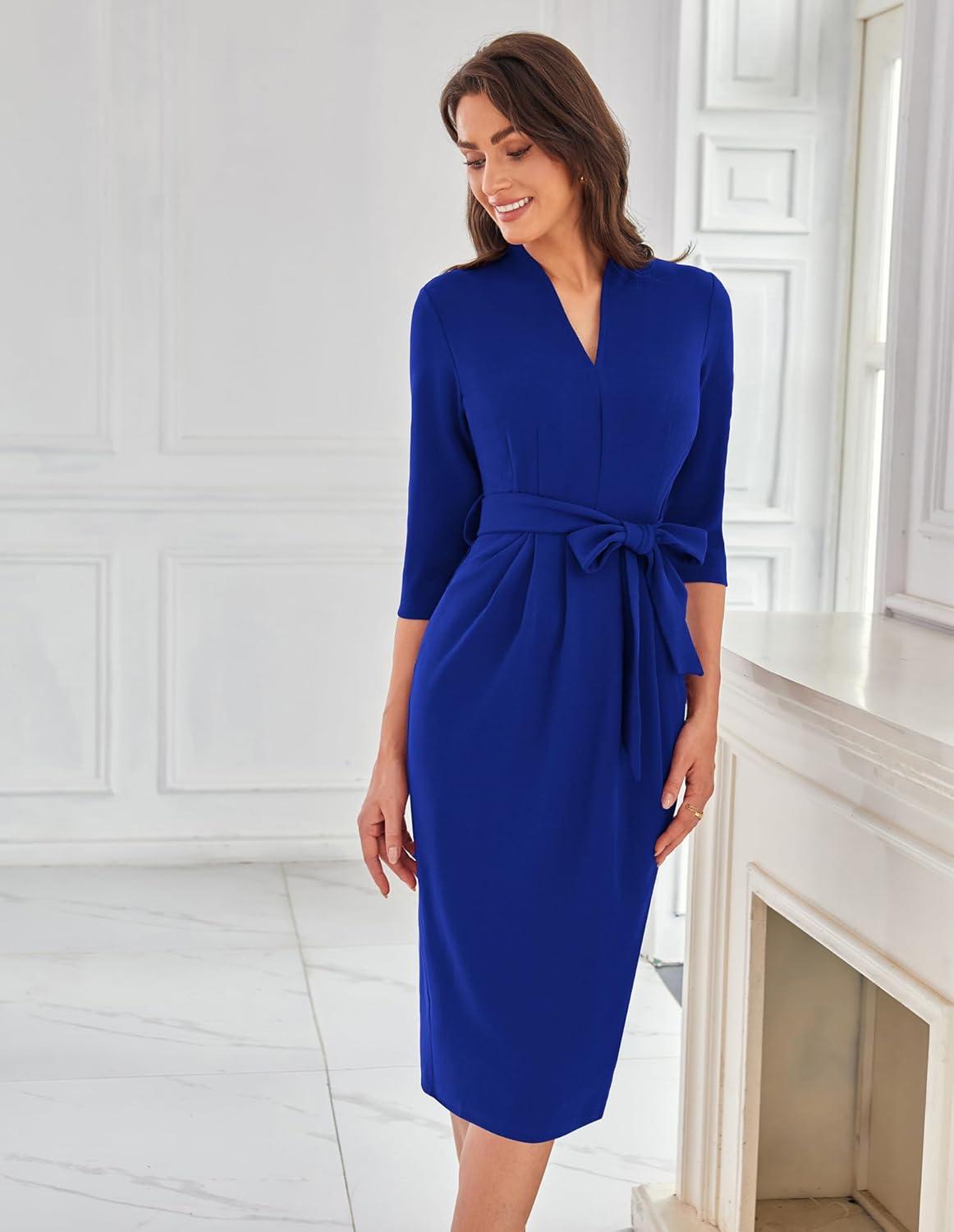 imageGRACE KARIN Womens Work Dresses V Neck 34 Sleeve Back Zipper Tie Waist Bodycon Dress Office Cocktail Dress with PocketsRoyal Blue