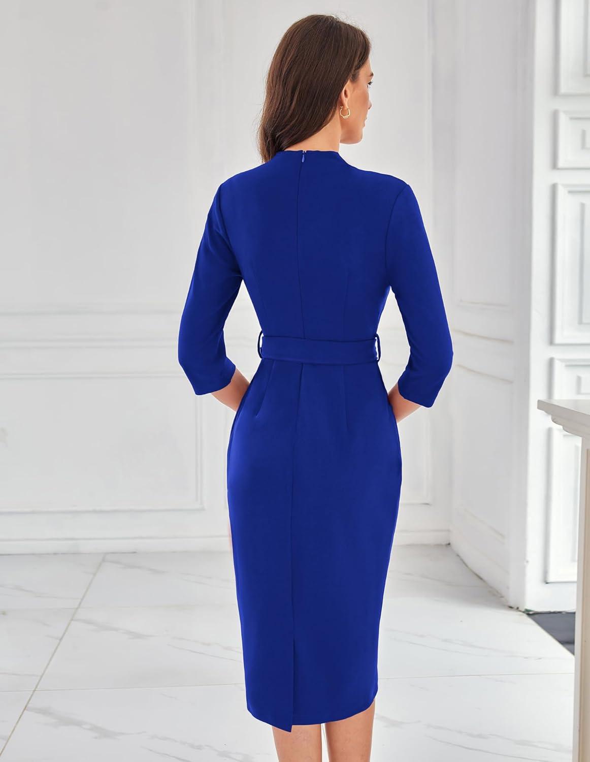 imageGRACE KARIN Womens Work Dresses V Neck 34 Sleeve Back Zipper Tie Waist Bodycon Dress Office Cocktail Dress with PocketsRoyal Blue