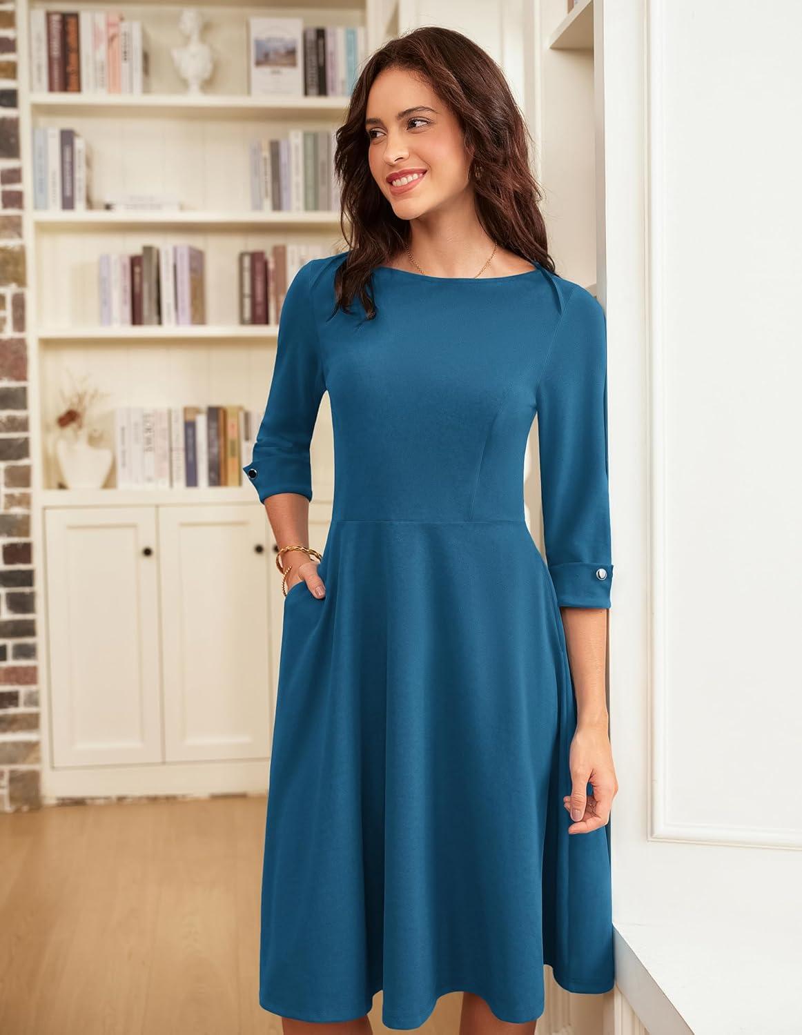 imageGRACE KARIN Work Dresses for Women 2025 34 Sleeve Fit and Flare Business Midi Dress Classy Office Dresses with PocketsBlue Green
