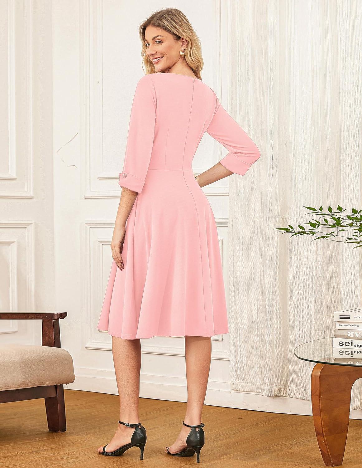 imageGRACE KARIN Work Dresses for Women 2025 34 Sleeve Fit and Flare Business Midi Dress Classy Office Dresses with PocketsLight Pink