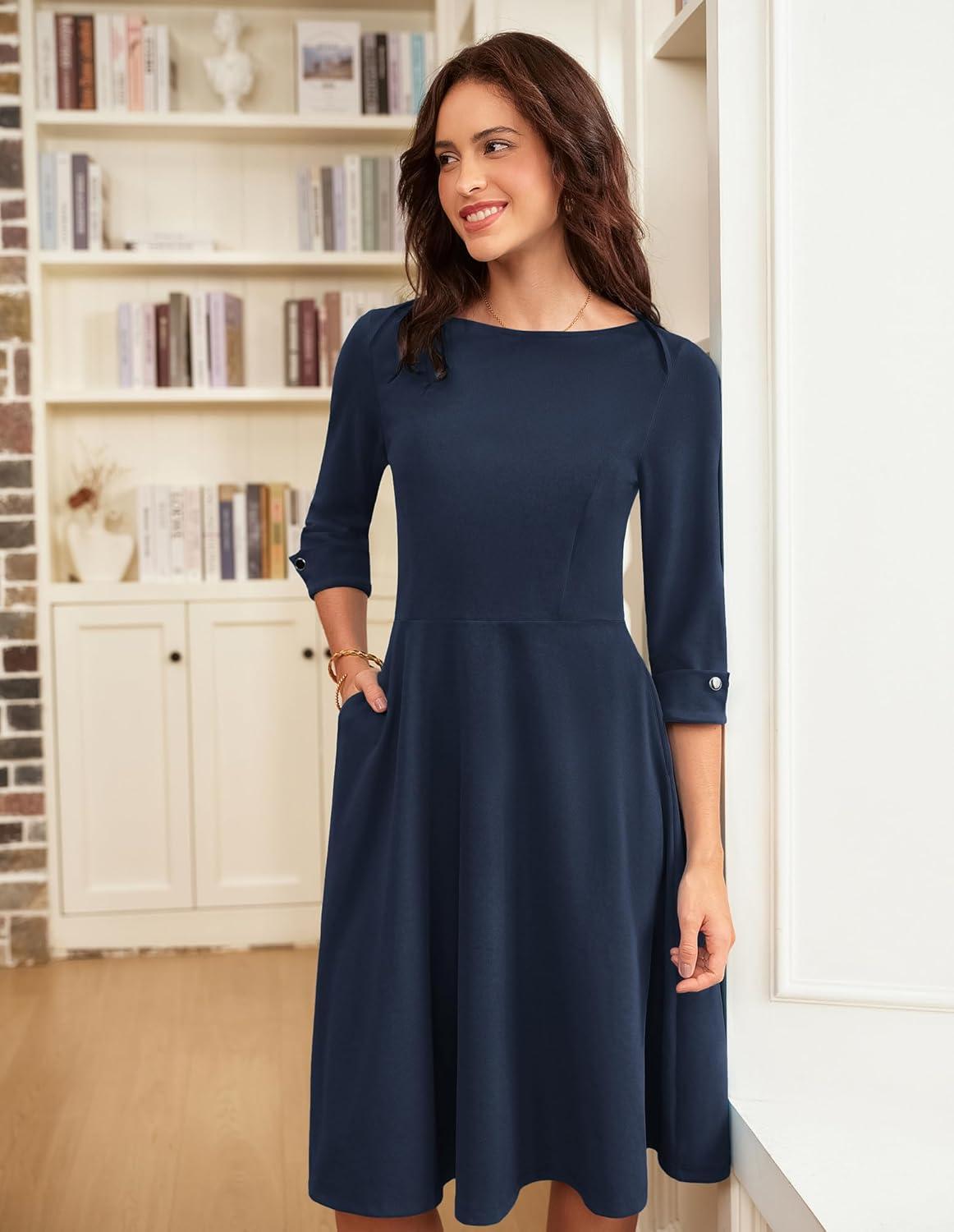 imageGRACE KARIN Work Dresses for Women 2025 34 Sleeve Fit and Flare Business Midi Dress Classy Office Dresses with PocketsNavy Blue