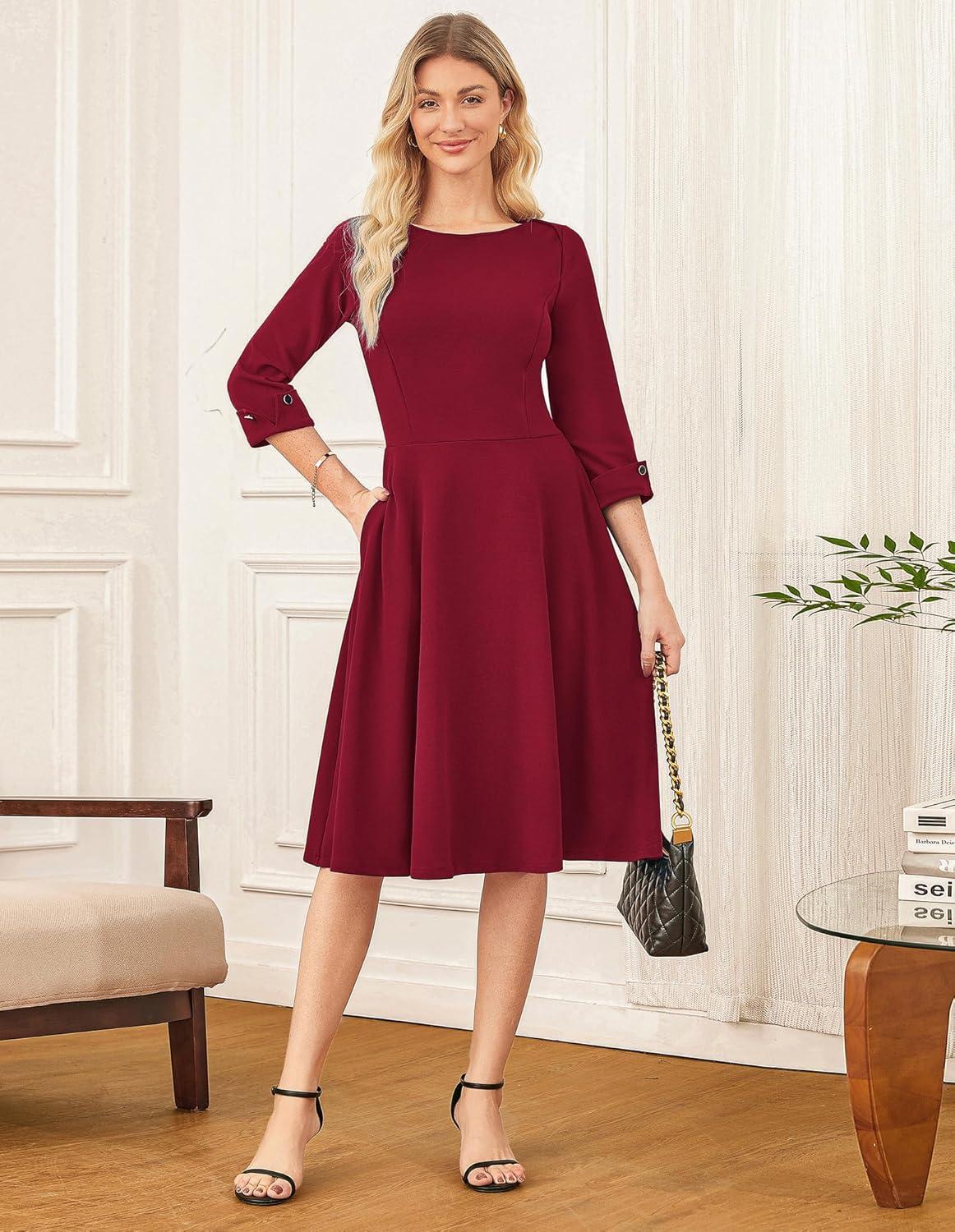 imageGRACE KARIN Work Dresses for Women 2025 34 Sleeve Fit and Flare Business Midi Dress Classy Office Dresses with PocketsWine Red