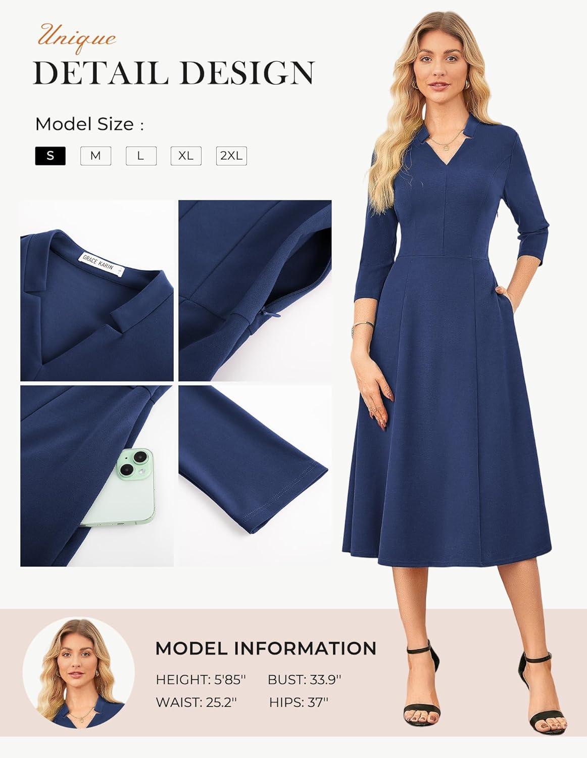 imageGRACE KARIN Work Dresses for Women 2025Midi Business Dress34 Sleeve Classy Fit and Flare Dress with PocketNavy Blue