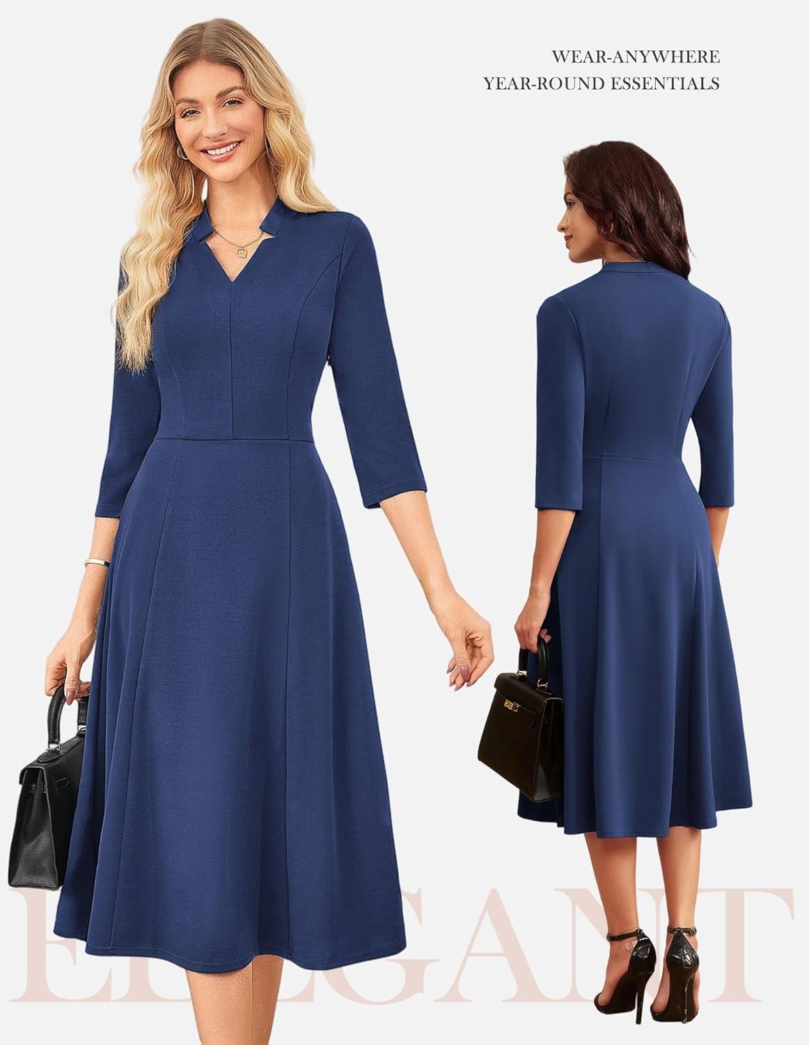 imageGRACE KARIN Work Dresses for Women 2025Midi Business Dress34 Sleeve Classy Fit and Flare Dress with PocketNavy Blue
