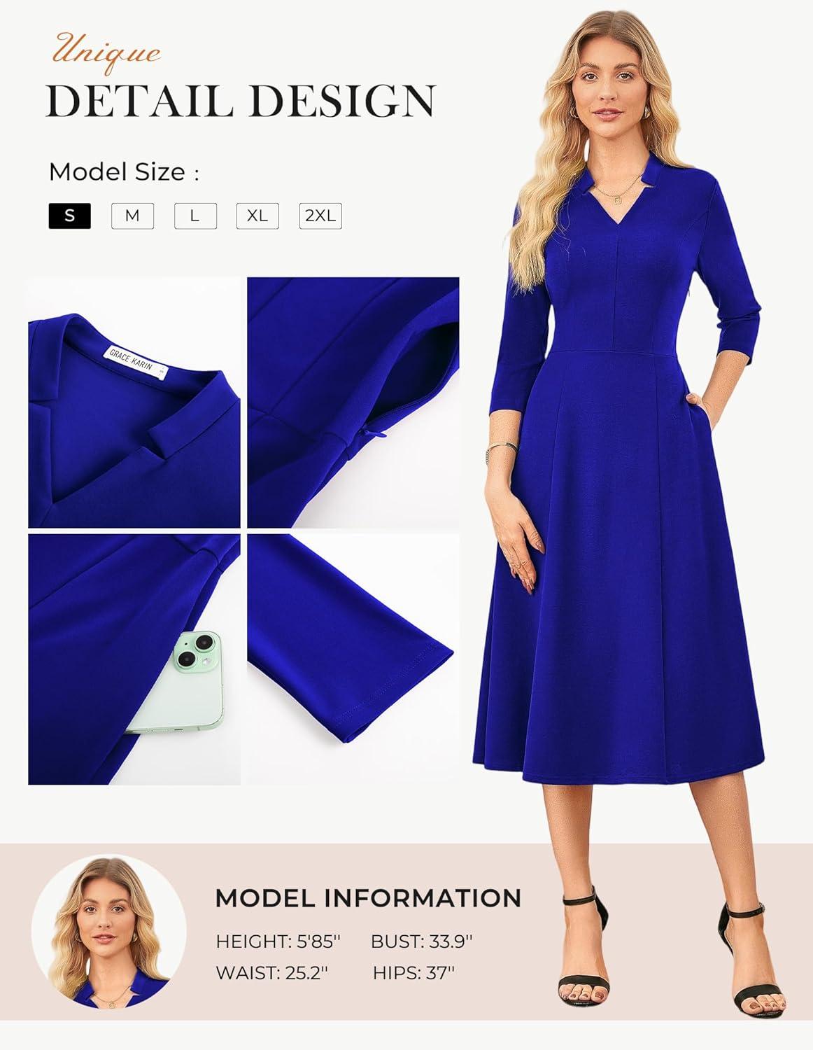 imageGRACE KARIN Work Dresses for Women 2025Midi Business Dress34 Sleeve Classy Fit and Flare Dress with PocketRoyal Blue