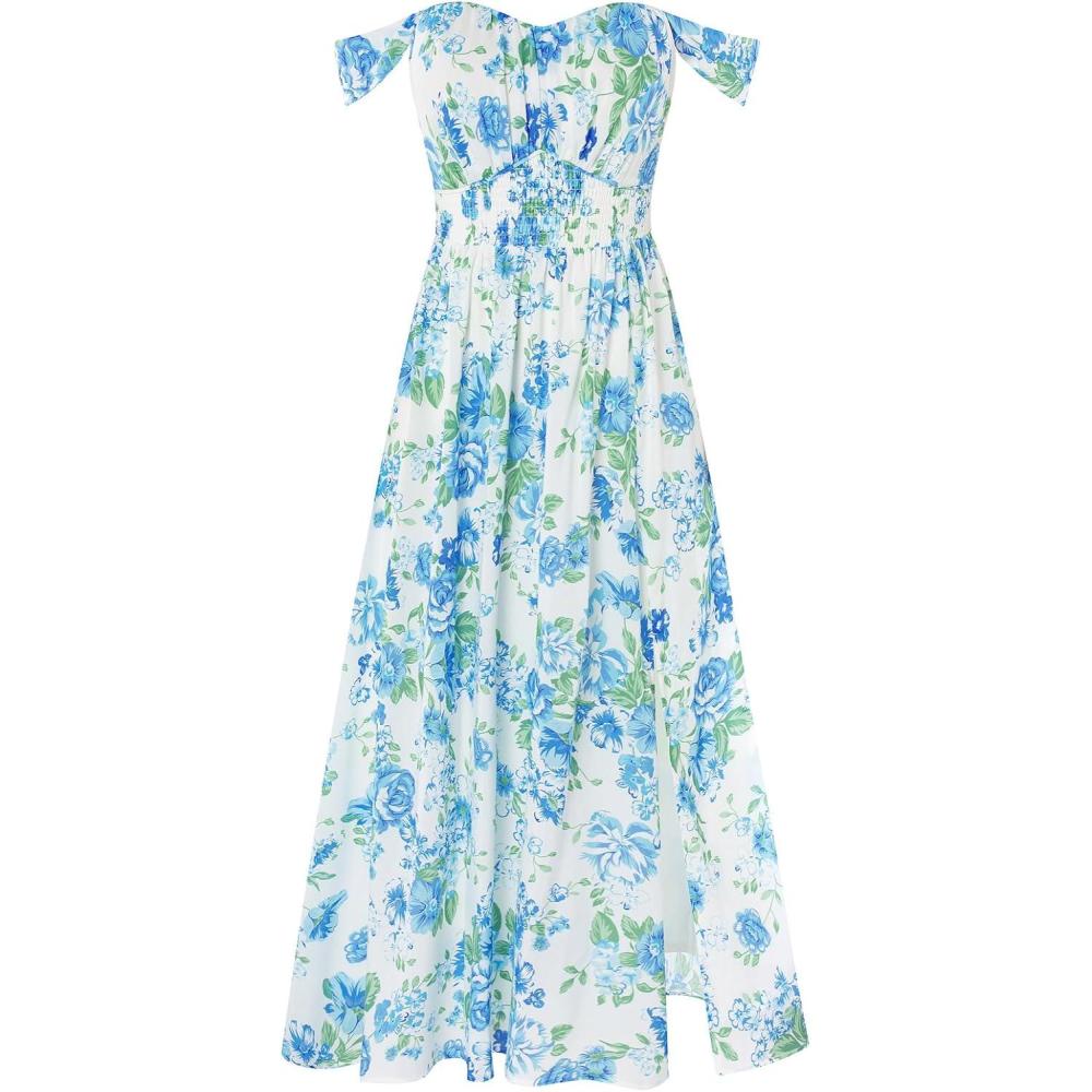 imageGRACE KARIN 2025 Womens Summer Floral Print Flowy A Line Maxi Dresses Sleeveless Smocked Off Shoulder DressWhite Blue Green