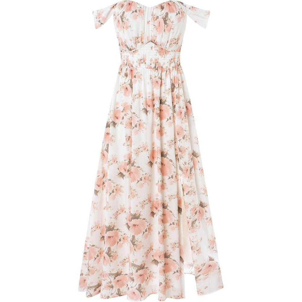 imageGRACE KARIN 2025 Womens Summer Floral Print Flowy A Line Maxi Dresses Sleeveless Smocked Off Shoulder DressWhitepink
