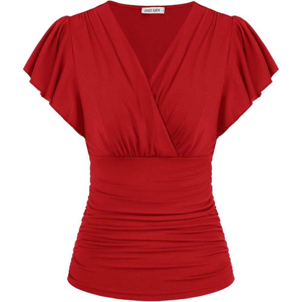 imageGRACE KARIN 2025 Womens Tops Summer Wrap Blouse V Neck Ruffle Sleeve Dressy Casual Top Ruched Trendy ClothesRed