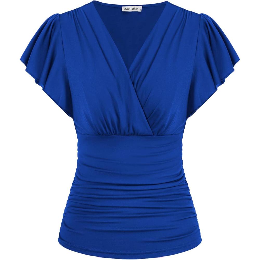 imageGRACE KARIN 2025 Womens Tops Summer Wrap Blouse V Neck Ruffle Sleeve Dressy Casual Top Ruched Trendy ClothesRoyal Blue