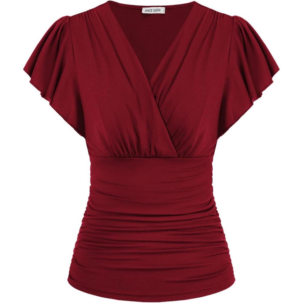 imageGRACE KARIN 2025 Womens Tops Summer Wrap Blouse V Neck Ruffle Sleeve Dressy Casual Top Ruched Trendy ClothesWine Red