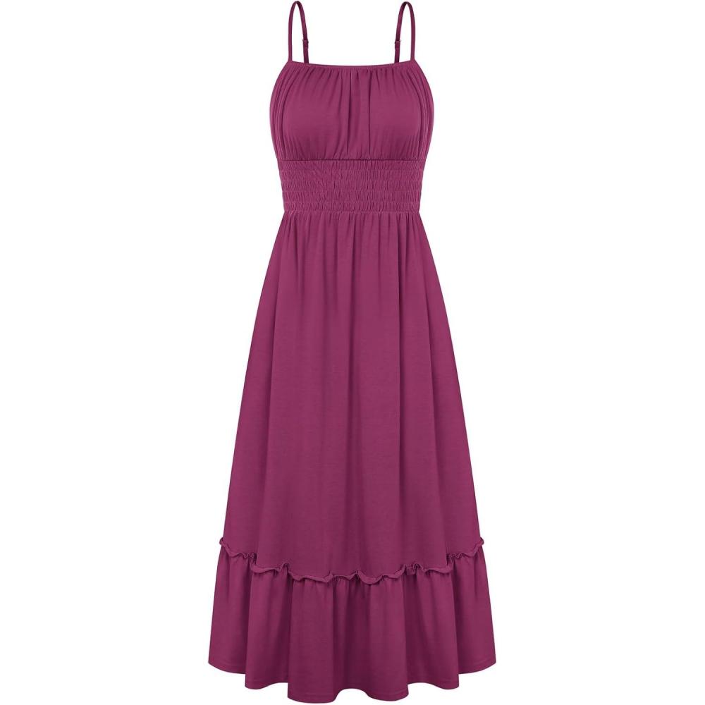 imageGRACE KARIN 2026 Summer Maxi Dresses for Women Smocked Spaghetti Strap Long Dress Flowy Boho Beach Sundresses with PocketsPurple Red