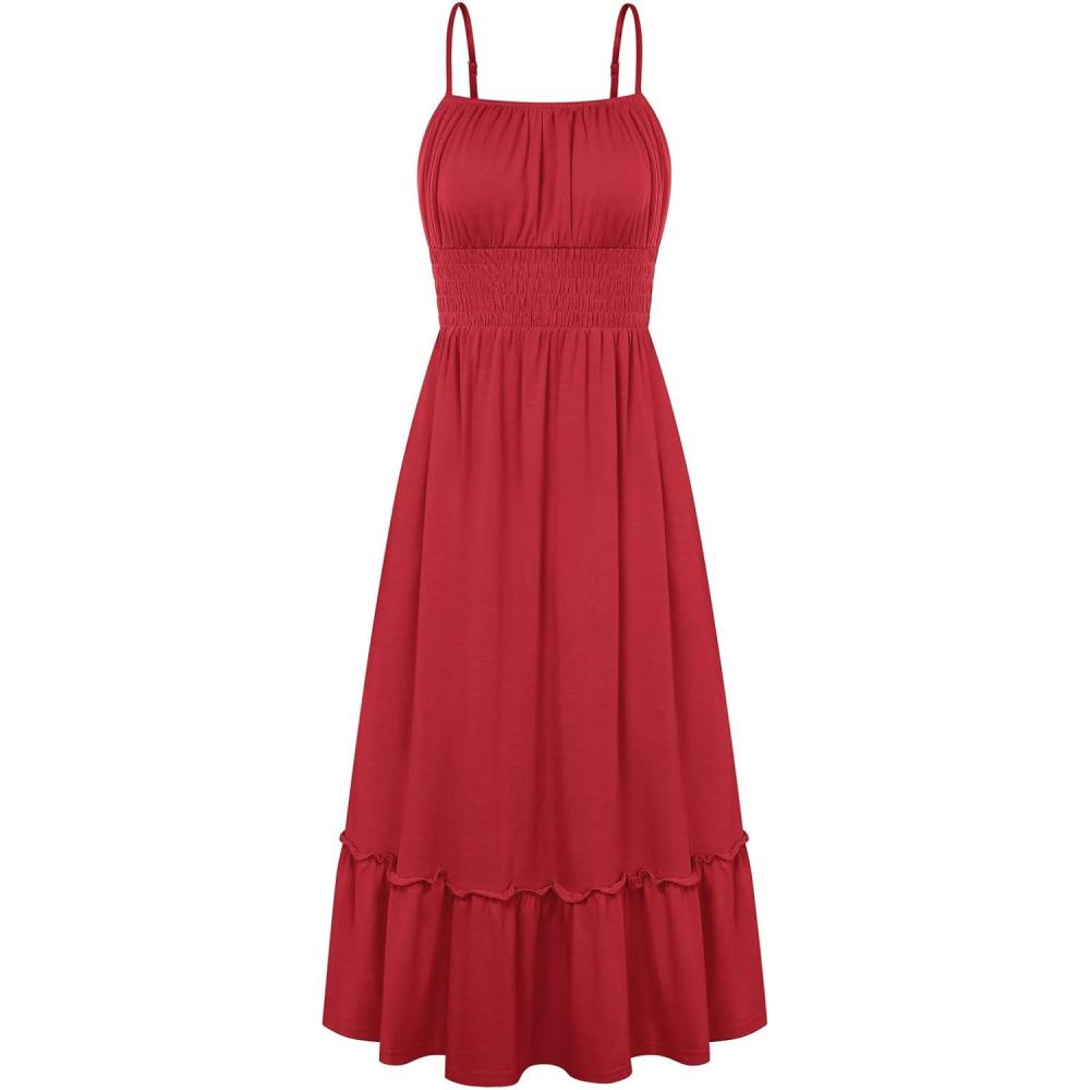 imageGRACE KARIN 2026 Summer Maxi Dresses for Women Smocked Spaghetti Strap Long Dress Flowy Boho Beach Sundresses with PocketsRed