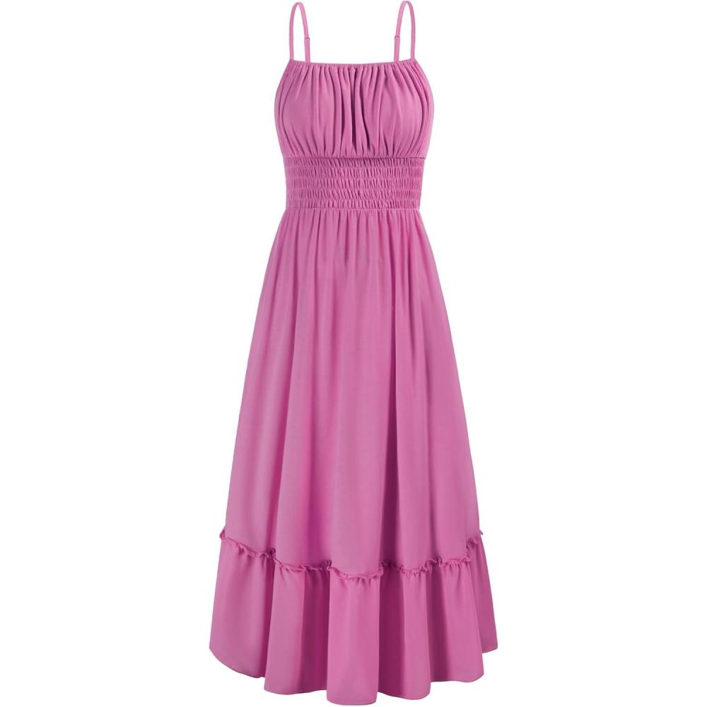 imageGRACE KARIN 2026 Summer Maxi Dresses for Women Smocked Spaghetti Strap Long Dress Flowy Boho Beach Sundresses with PocketsRose Red