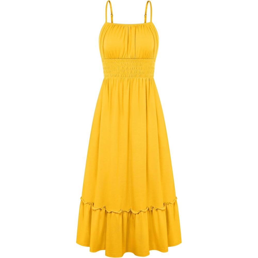 imageGRACE KARIN 2026 Summer Maxi Dresses for Women Smocked Spaghetti Strap Long Dress Flowy Boho Beach Sundresses with PocketsYellow