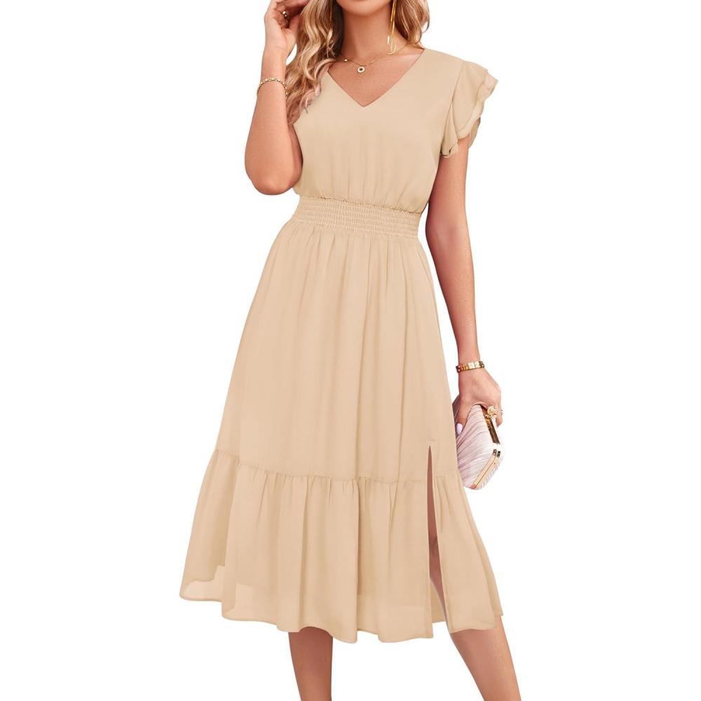 imageGRACE KARIN 2026 Womens Summer Dresses V Neck Ruffle Sleeve Floral Boho Beach Dress ALine Swing Midi Wedding Guest SundressApricotsolid