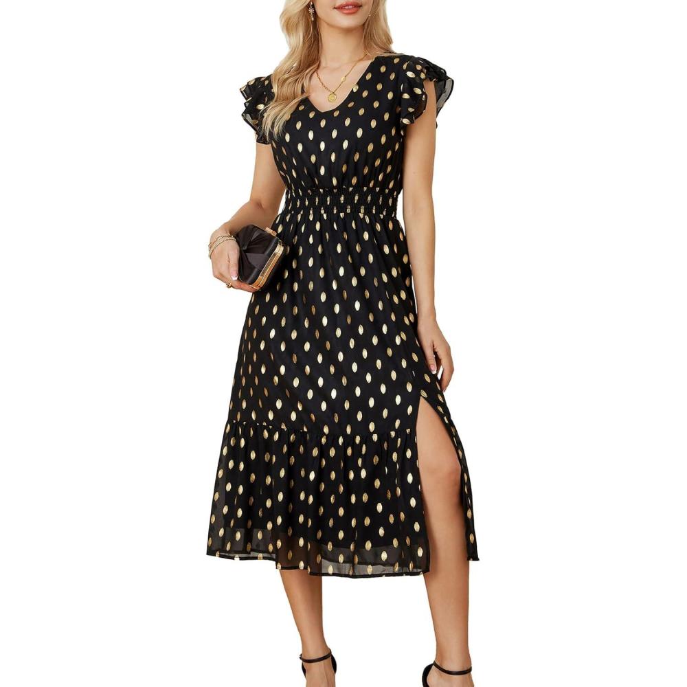 imageGRACE KARIN 2026 Womens Summer Dresses V Neck Ruffle Sleeve Floral Boho Beach Dress ALine Swing Midi Wedding Guest SundressBlackpolka Dot