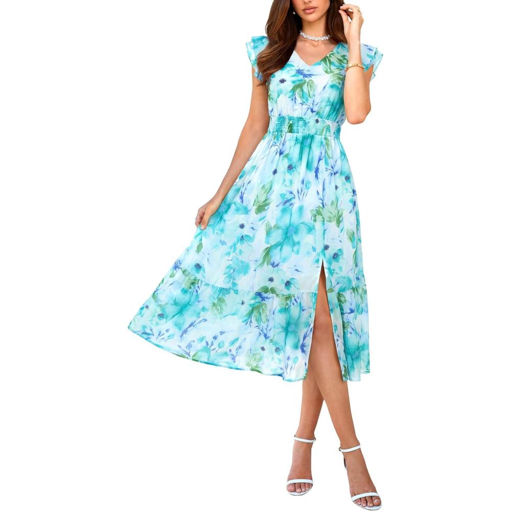 imageGRACE KARIN 2026 Womens Summer Dresses V Neck Ruffle Sleeve Floral Boho Beach Dress ALine Swing Midi Wedding Guest SundressGreenfloral Print