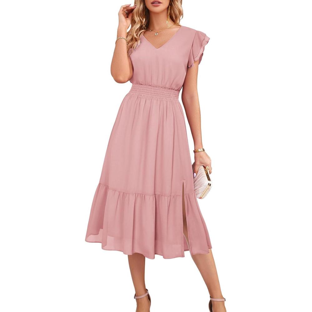 imageGRACE KARIN 2026 Womens Summer Dresses V Neck Ruffle Sleeve Floral Boho Beach Dress ALine Swing Midi Wedding Guest SundressLight Pinkplain