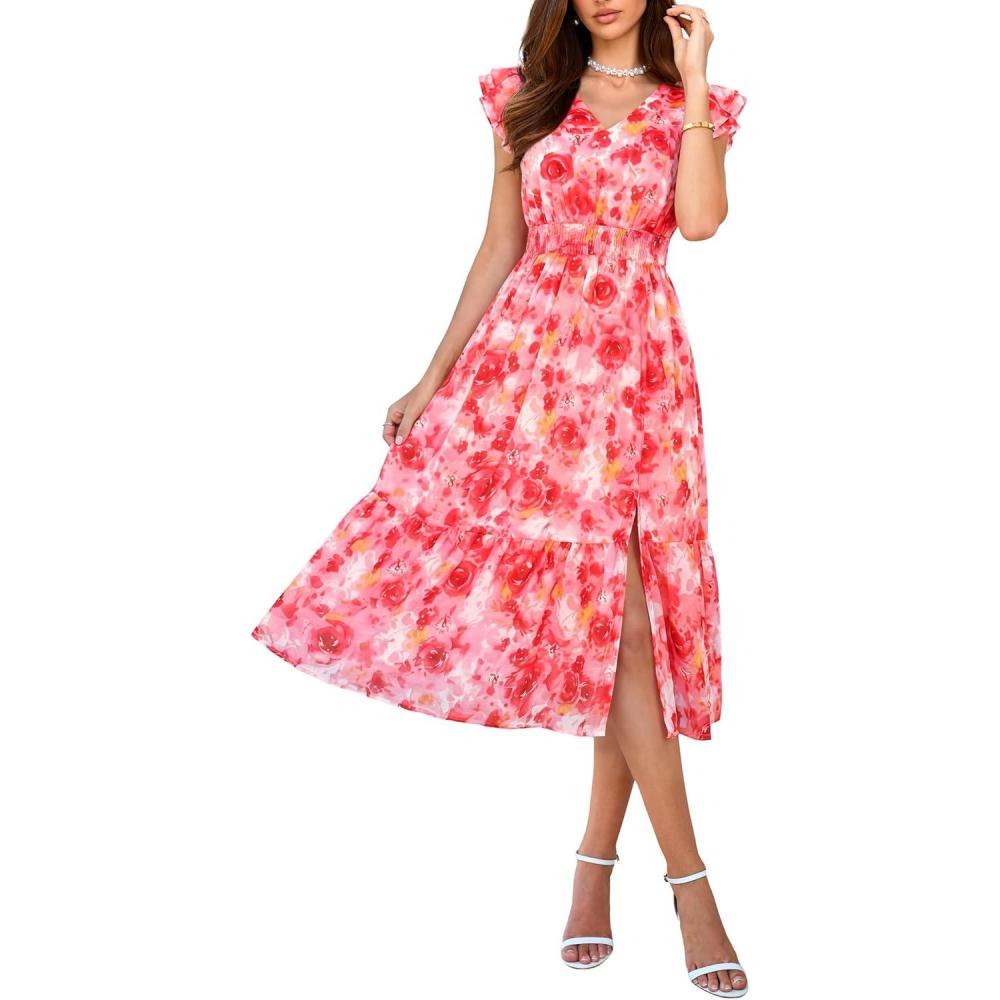 imageGRACE KARIN 2026 Womens Summer Dresses V Neck Ruffle Sleeve Floral Boho Beach Dress ALine Swing Midi Wedding Guest SundressRedfloral Print
