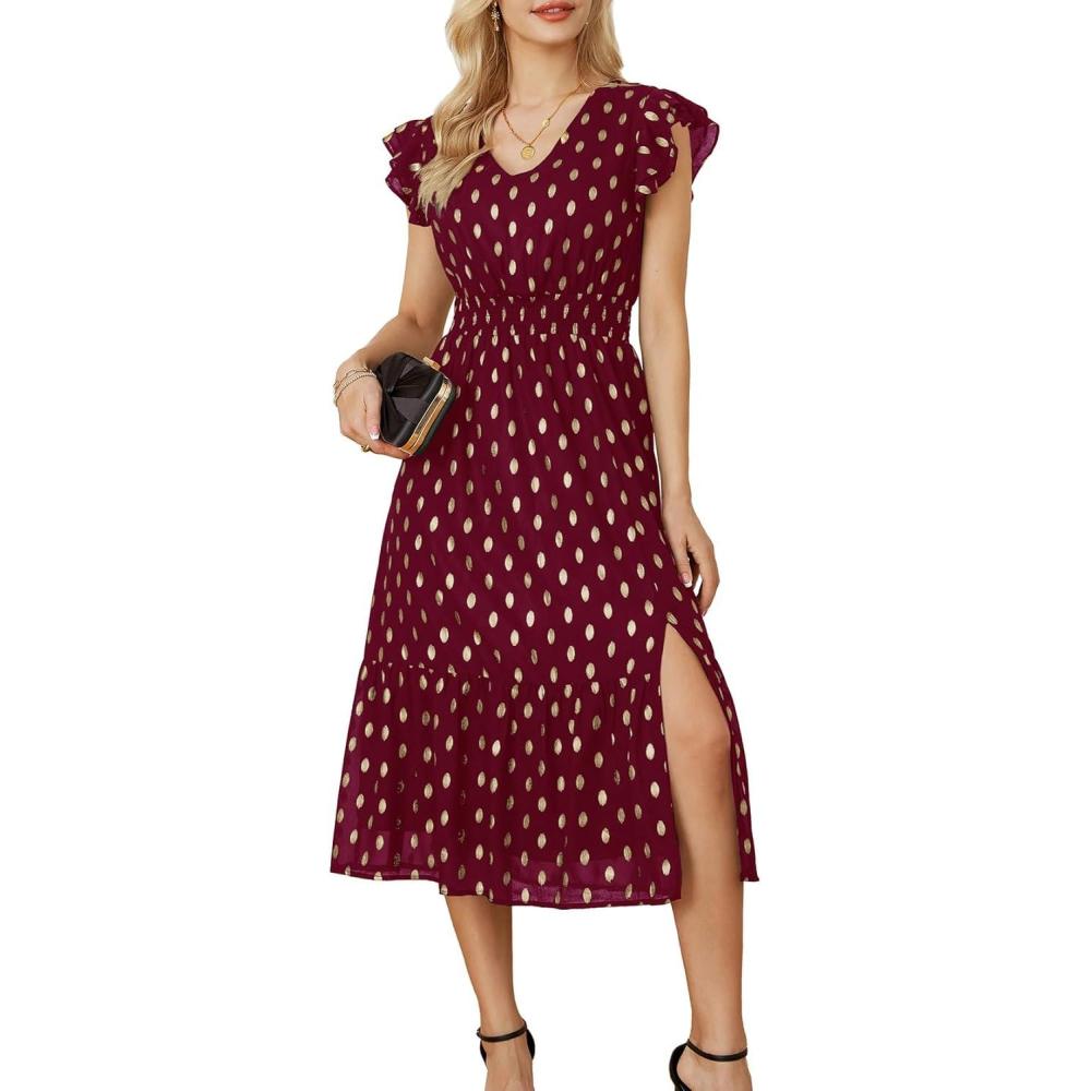 imageGRACE KARIN 2026 Womens Summer Dresses V Neck Ruffle Sleeve Floral Boho Beach Dress ALine Swing Midi Wedding Guest SundressWine Redgold Dots