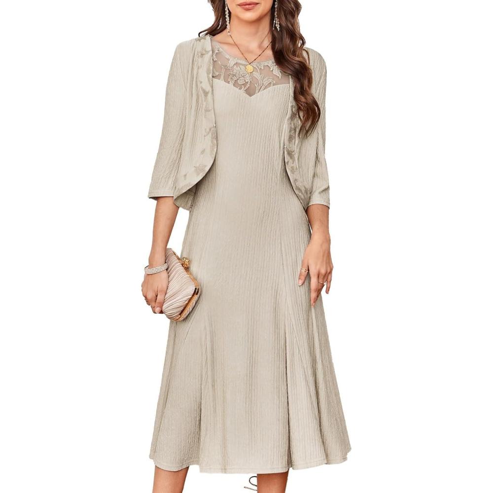 imageGRACE KARIN Mother of The Bride Dress Wedding Guest Formal Evening Dress Lace Sequins Midi Dress with JacketApricot