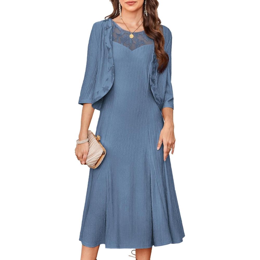 imageGRACE KARIN Mother of The Bride Dress Wedding Guest Formal Evening Dress Lace Sequins Midi Dress with JacketBlue