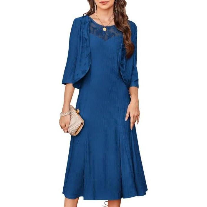 imageGRACE KARIN Mother of The Bride Dress Wedding Guest Formal Evening Dress Lace Sequins Midi Dress with JacketDark Blue