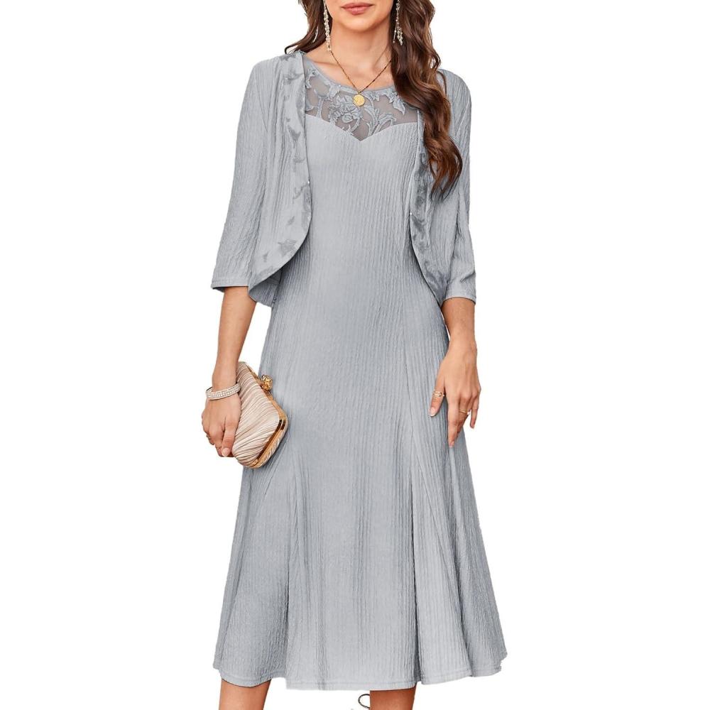 imageGRACE KARIN Mother of The Bride Dress Wedding Guest Formal Evening Dress Lace Sequins Midi Dress with JacketLight Gray