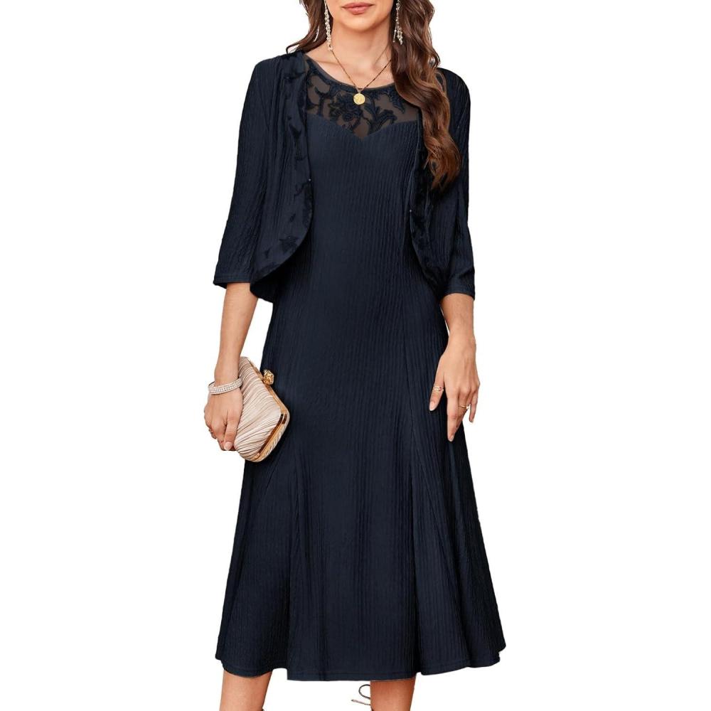 imageGRACE KARIN Mother of The Bride Dress Wedding Guest Formal Evening Dress Lace Sequins Midi Dress with JacketNavy Blue