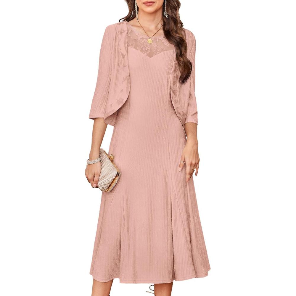 imageGRACE KARIN Mother of The Bride Dress Wedding Guest Formal Evening Dress Lace Sequins Midi Dress with JacketPink