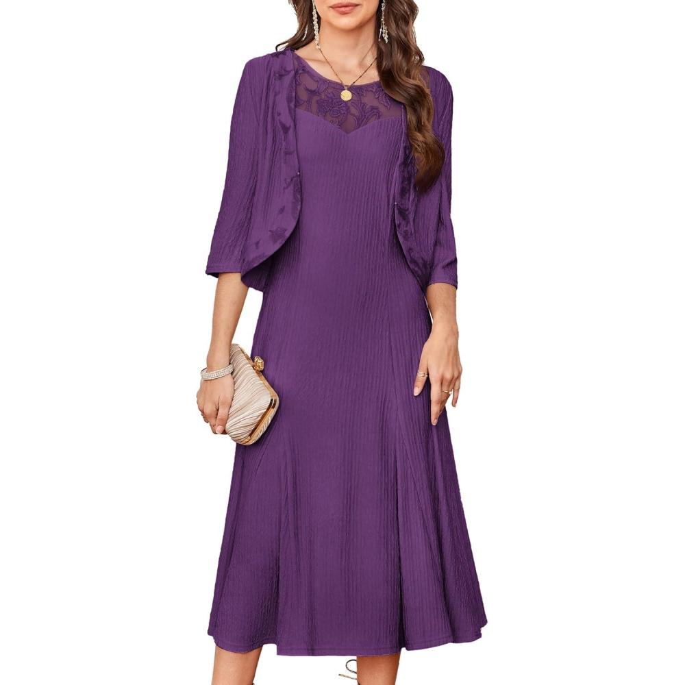 imageGRACE KARIN Mother of The Bride Dress Wedding Guest Formal Evening Dress Lace Sequins Midi Dress with JacketPurple