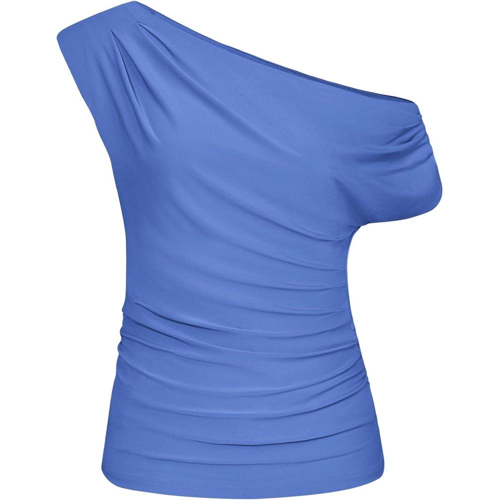 imageGRACE KARIN One Shoulder Summer Tops for Women Ruched Batwing Asymmetrical Tops Dressy Casual Party ShirtsGray Blue