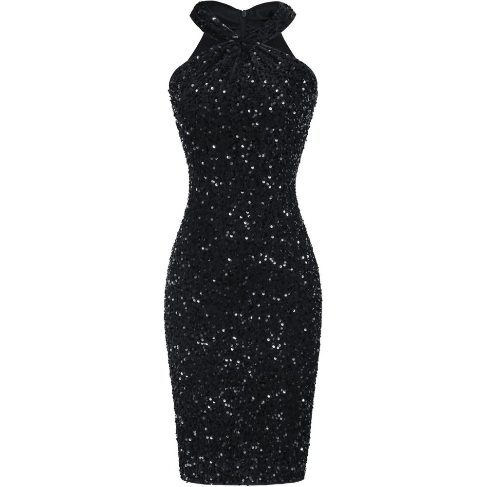 imageGRACE KARIN Sequin Dress for Women Sleeveless Sparkly Glitter Halter Dress Bodycon Mini Club Dresses 2025Black