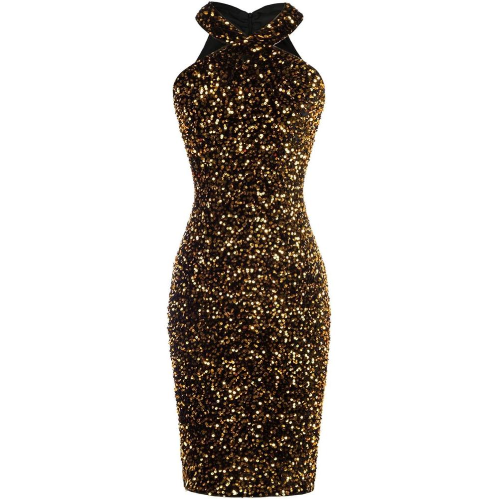 imageGRACE KARIN Sequin Dress for Women Sleeveless Sparkly Glitter Halter Dress Bodycon Mini Club Dresses 2025Black Gold