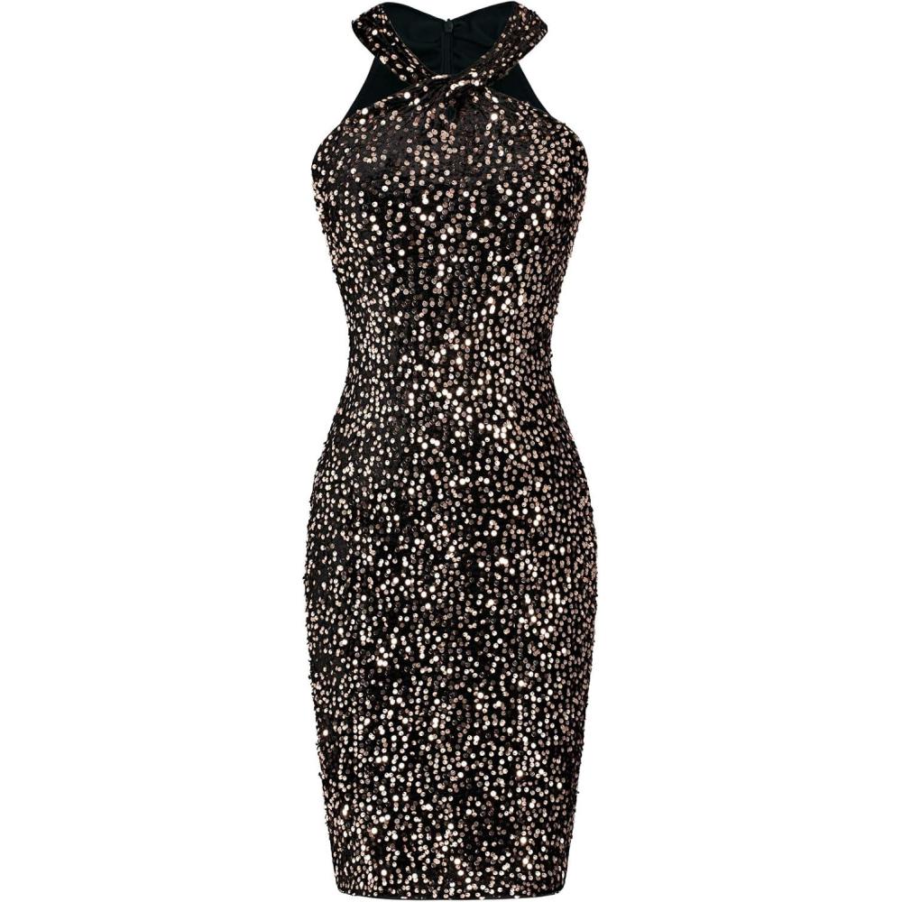 imageGRACE KARIN Sequin Dress for Women Sleeveless Sparkly Glitter Halter Dress Bodycon Mini Club Dresses 2025Black Rose Gold