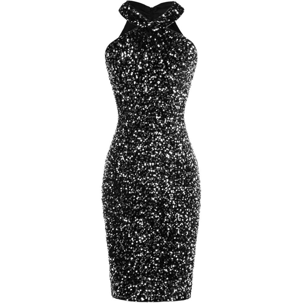 imageGRACE KARIN Sequin Dress for Women Sleeveless Sparkly Glitter Halter Dress Bodycon Mini Club Dresses 2025Black Silver