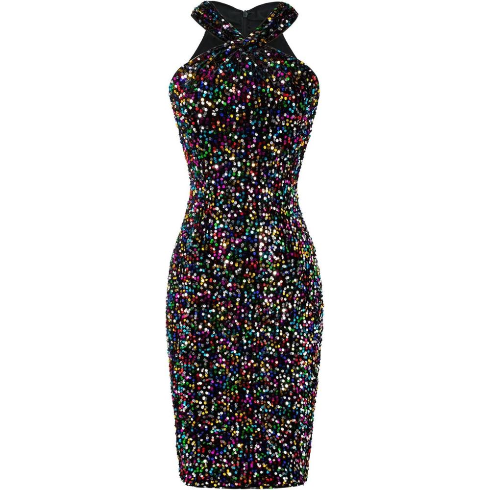 imageGRACE KARIN Sequin Dress for Women Sleeveless Sparkly Glitter Halter Dress Bodycon Mini Club Dresses 2025Colorful Black
