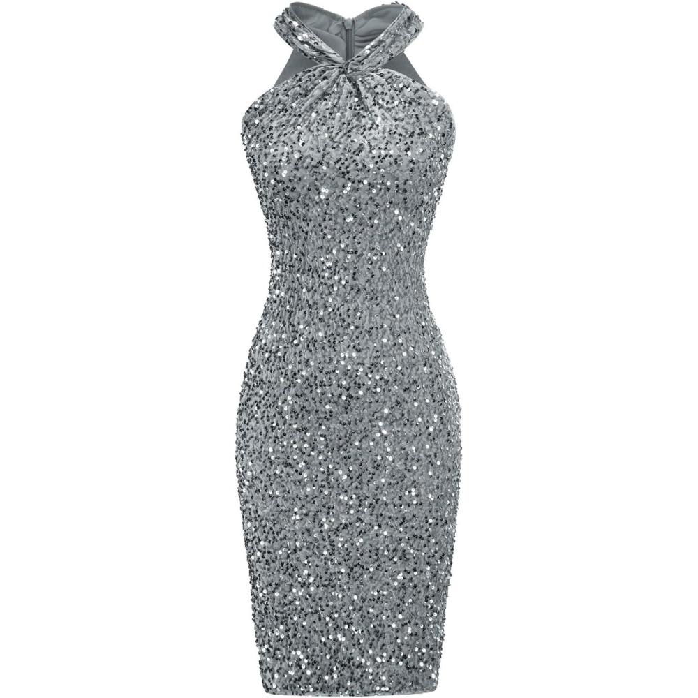 imageGRACE KARIN Sequin Dress for Women Sleeveless Sparkly Glitter Halter Dress Bodycon Mini Club Dresses 2025Dark Gray