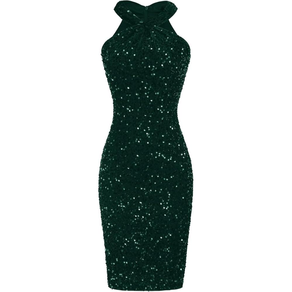imageGRACE KARIN Sequin Dress for Women Sleeveless Sparkly Glitter Halter Dress Bodycon Mini Club Dresses 2025Dark Green