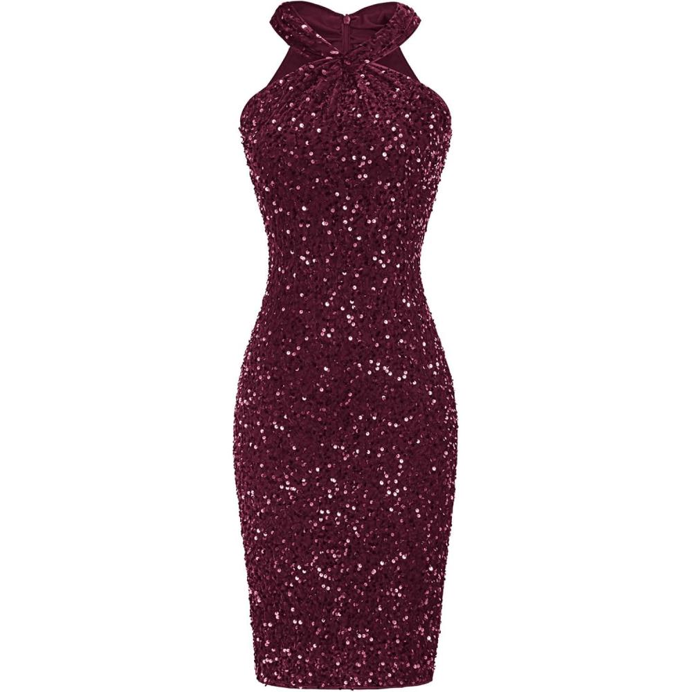 imageGRACE KARIN Sequin Dress for Women Sleeveless Sparkly Glitter Halter Dress Bodycon Mini Club Dresses 2025Dark Red